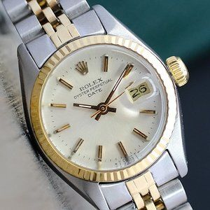 LADIES ROLEX OYSTER PERPETUAL DATE SILVER DIAL FLUTED BEZEL 26MM WATCH 6917